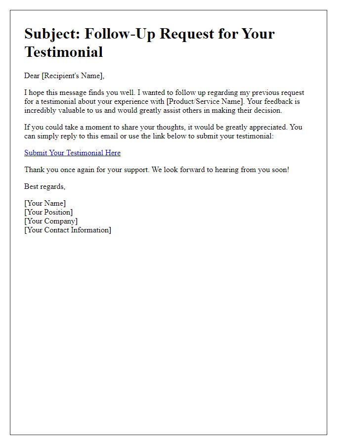 Letter template of follow-up request for testimonial submission