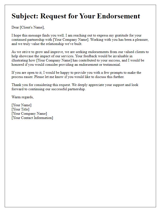 Letter template of outreach for client endorsement