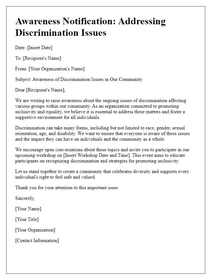 Letter template of awareness notification about discrimination issues