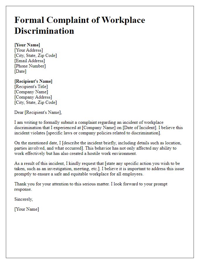 Letter template of formal workplace discrimination complaint