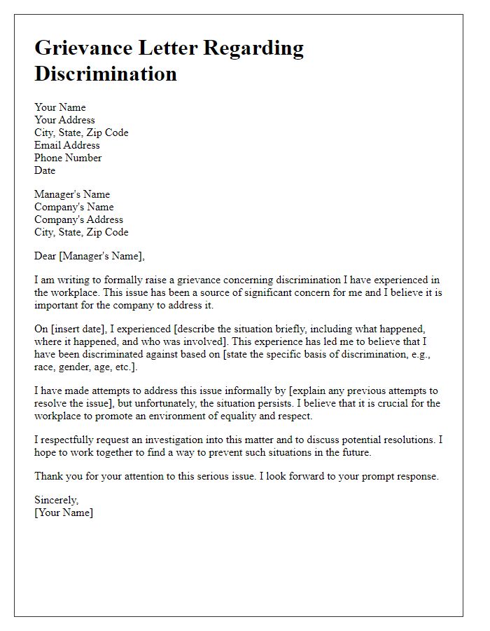 Letter template of grievance regarding discrimination at work