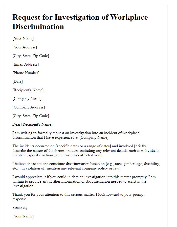 Letter template of request for workplace discrimination investigation