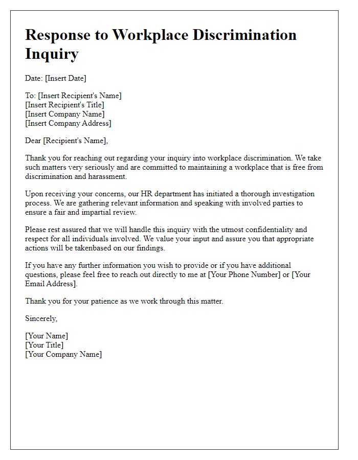 Letter template of response to workplace discrimination inquiry