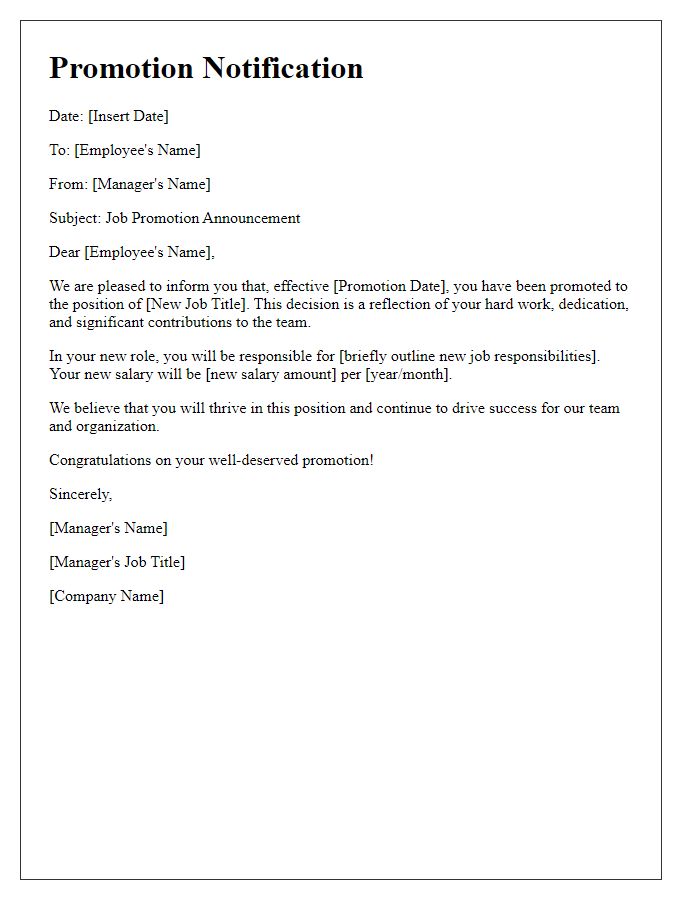 Letter template of job promotion details for HR documentation