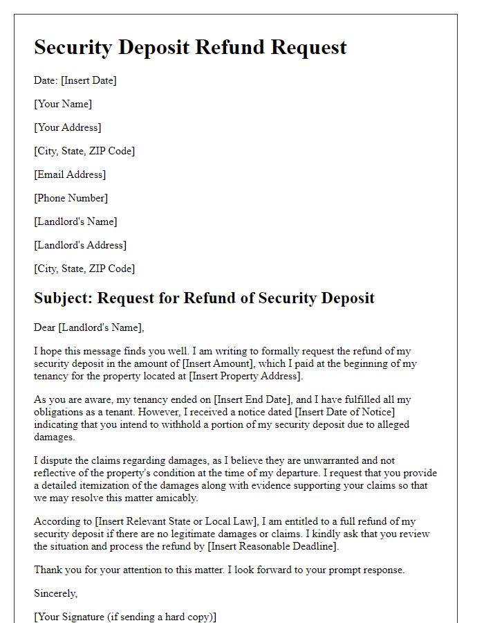 Letter template of security deposit refund request due to property damage dispute.