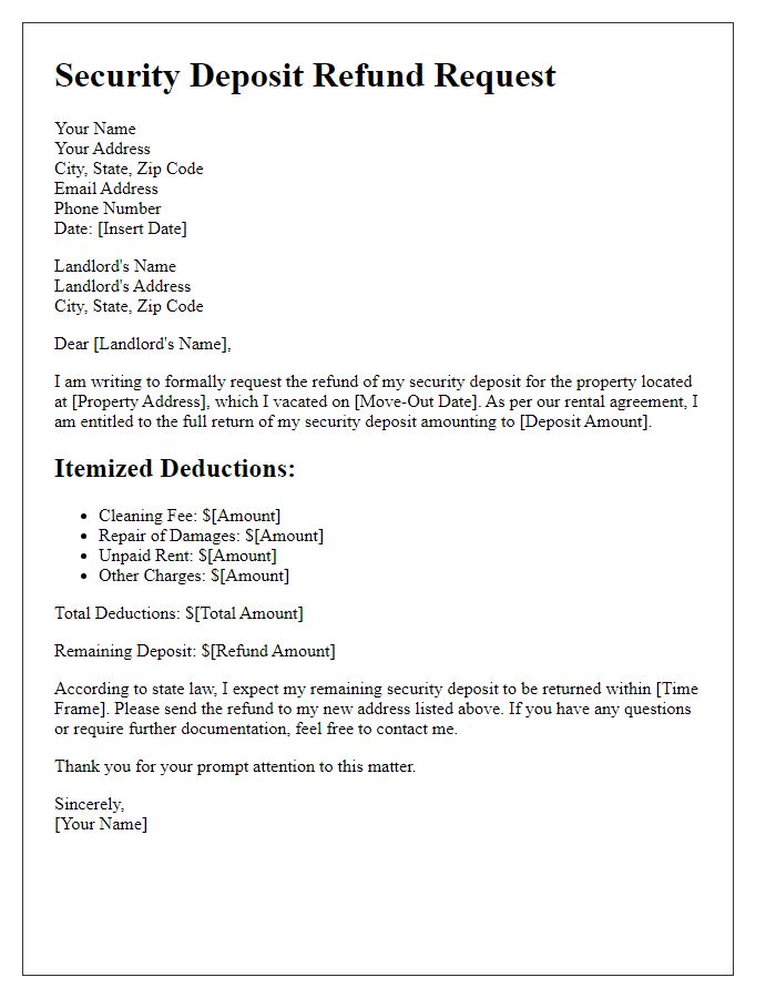 Letter template of security deposit refund request with itemized deductions.