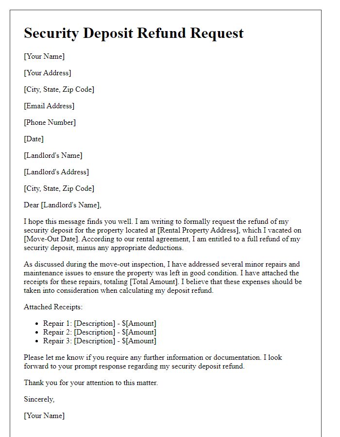 Letter template of security deposit refund request with repair receipts attached.