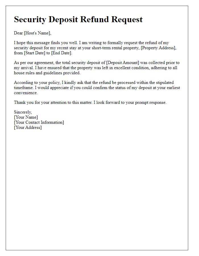 Letter template of security deposit refund request for a short-term rental.