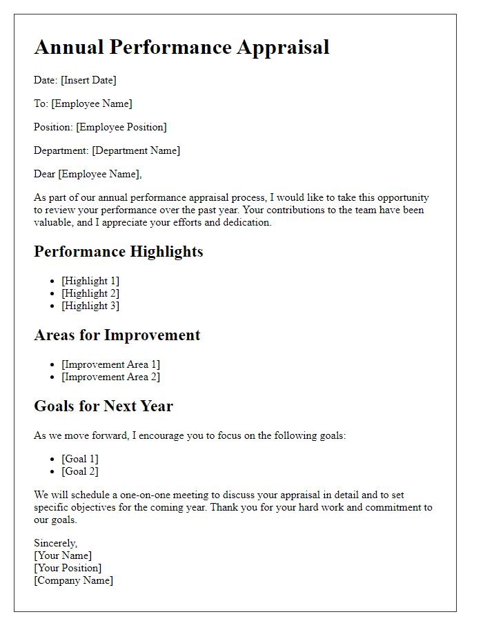 Letter template of annual performance appraisal for team members