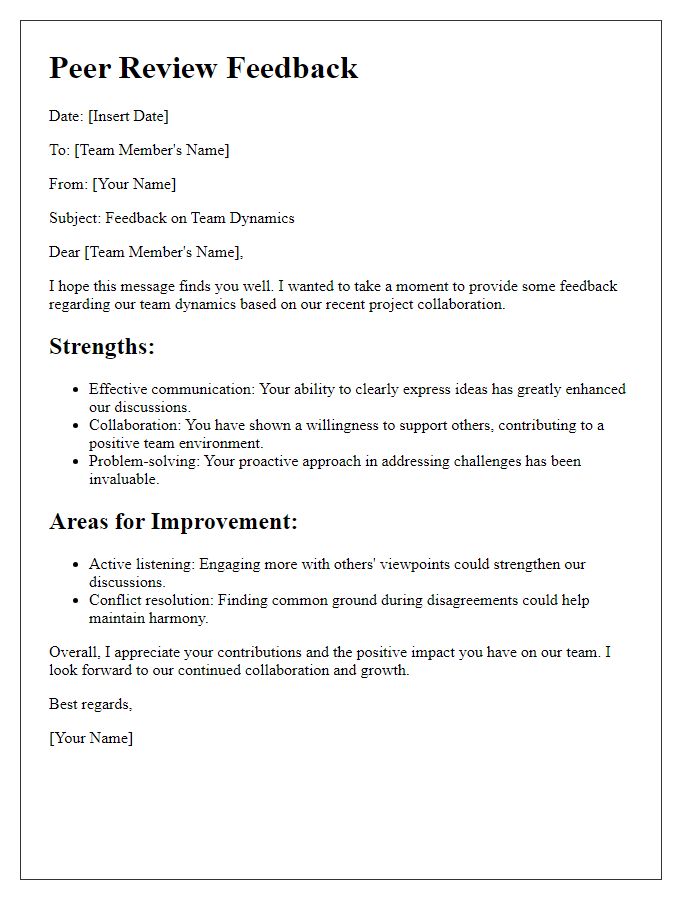 Letter template of peer review feedback for team dynamics