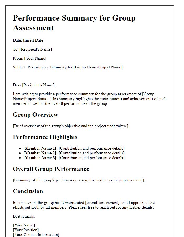 Letter template of performance summary for group assessment