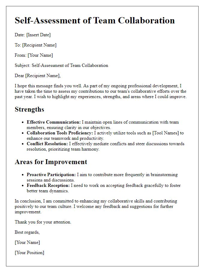 Letter template of self-assessment for team collaboration