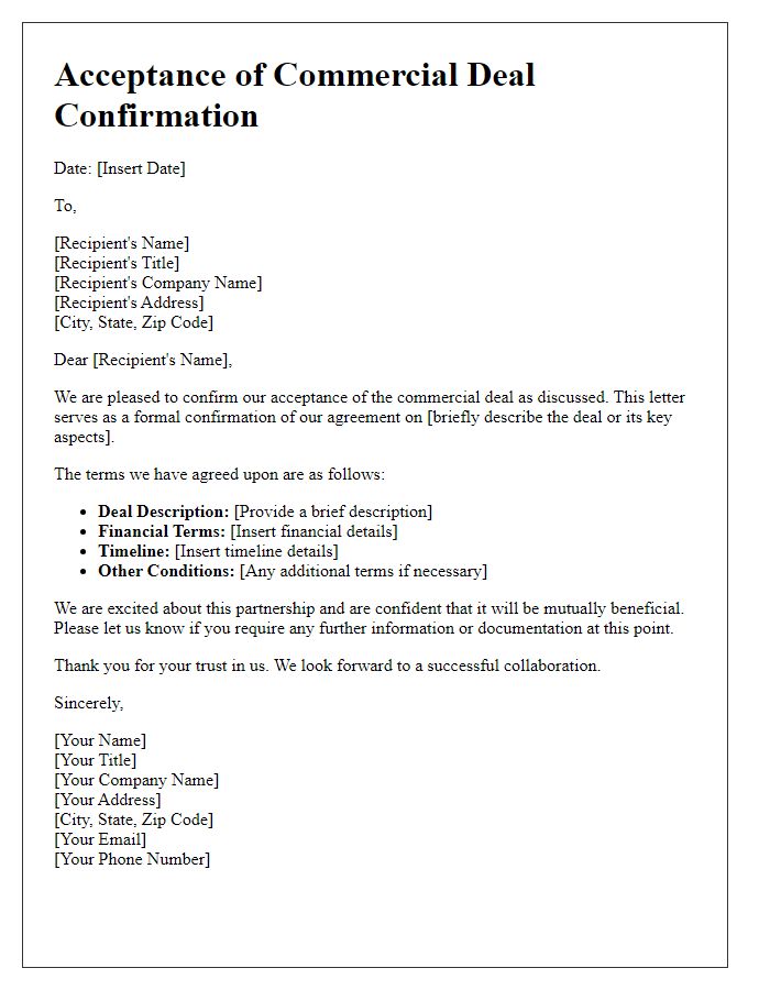 Letter template of acceptance for commercial deal confirmation.