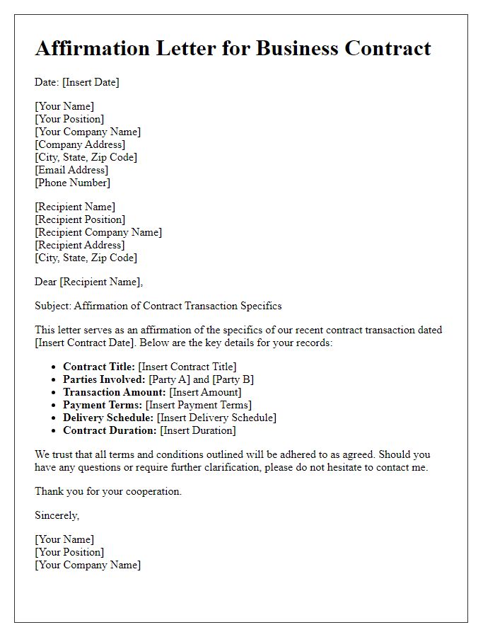 Letter template of affirmation for business contract transaction specifics.