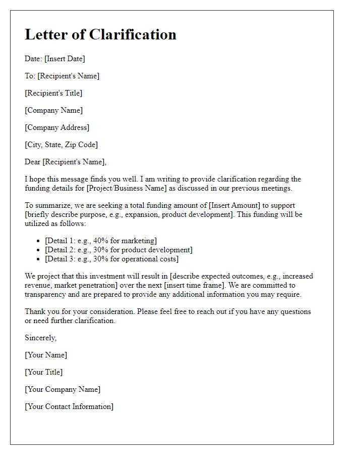 Letter template of clarification for business funding details.