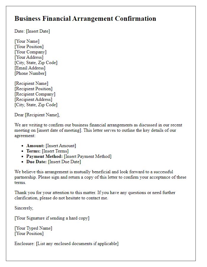 Letter template of confirmation for business financial arrangements.