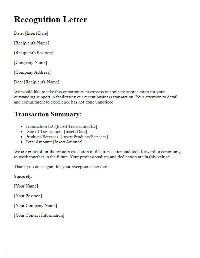 Letter template of recognition for business transaction summary.