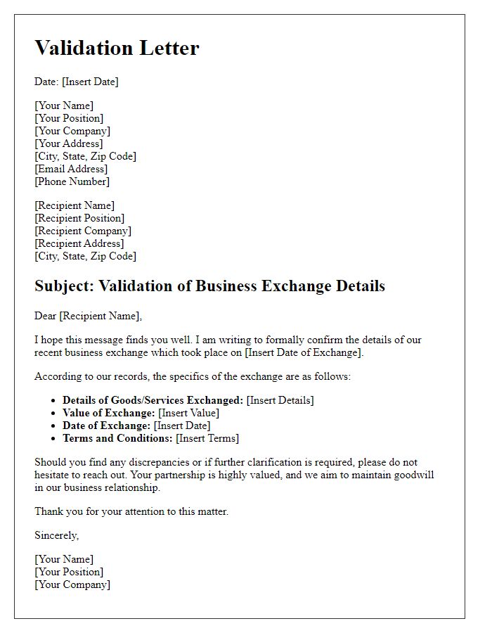 Letter template of validation regarding business exchange details.