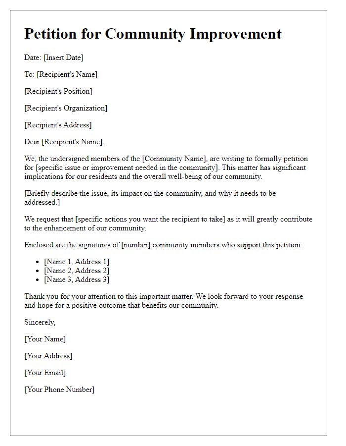 Letter template of petition for community issues.