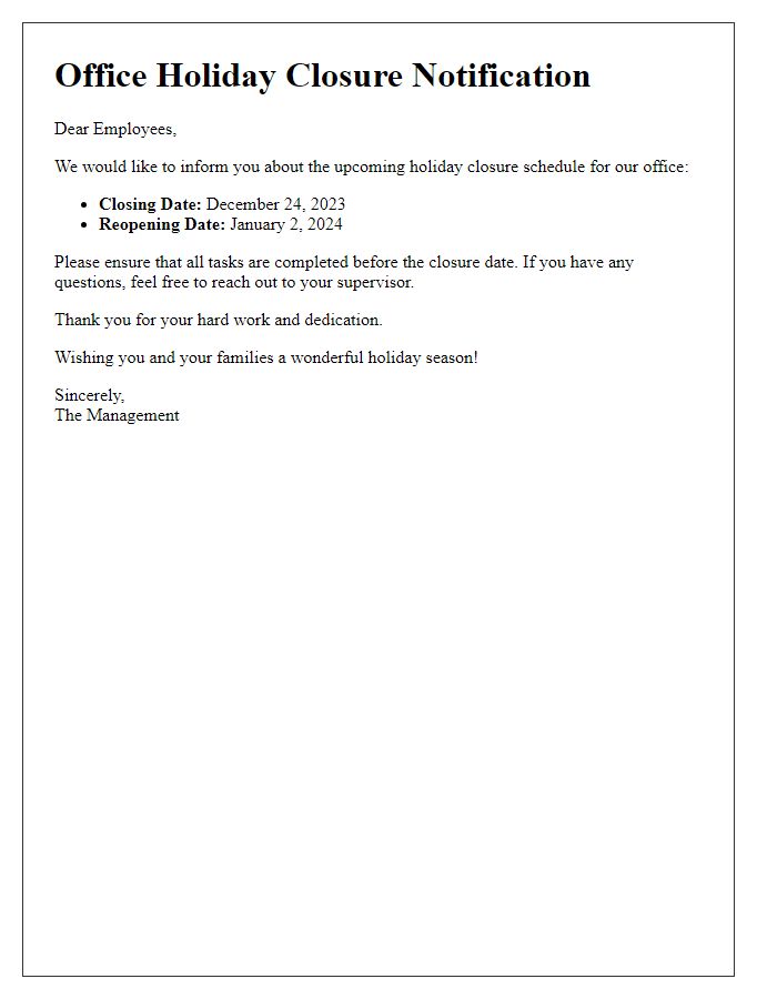 Letter template of Office Holiday Closure Schedule for Personnel