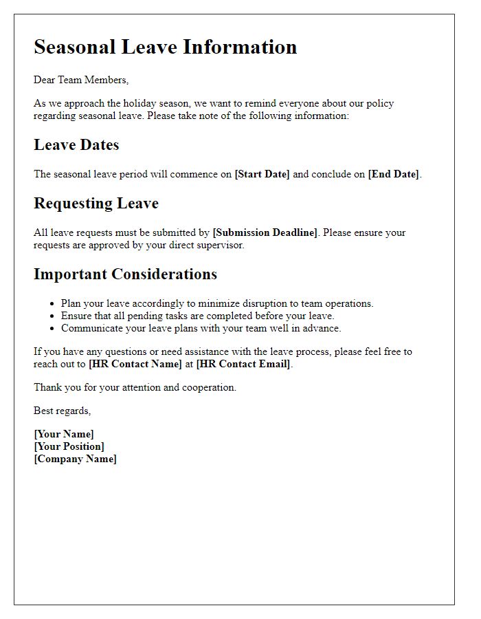 Letter template of Seasonal Leave Information for Team Members