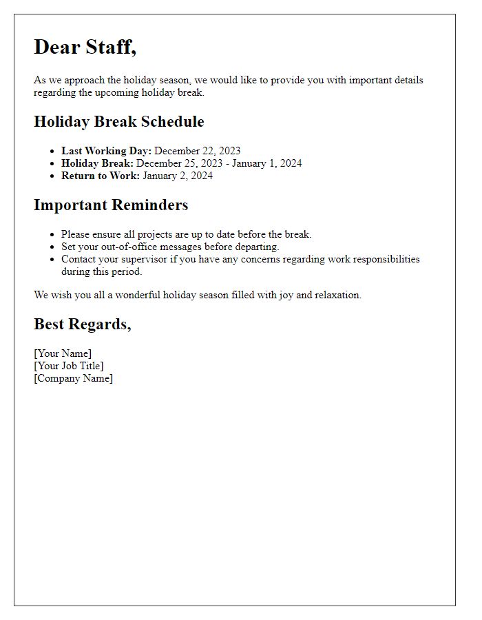 Letter template of Upcoming Holiday Break Details for Staff