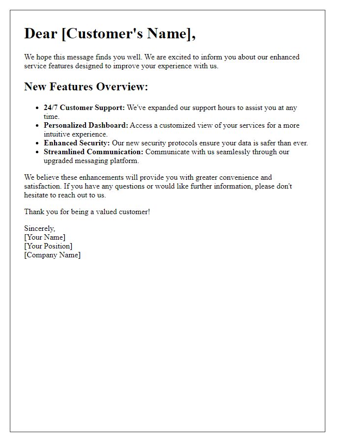 Letter template of enhanced service features