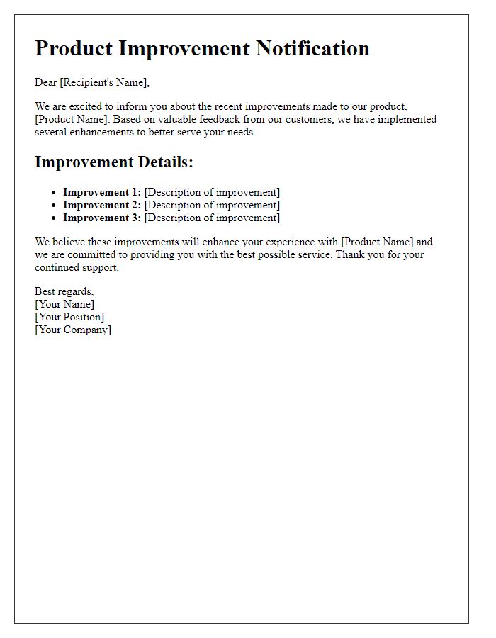 Letter template of product improvement details