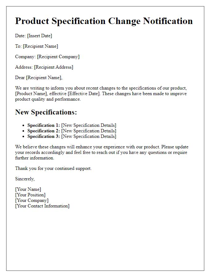 Letter template of product specification changes