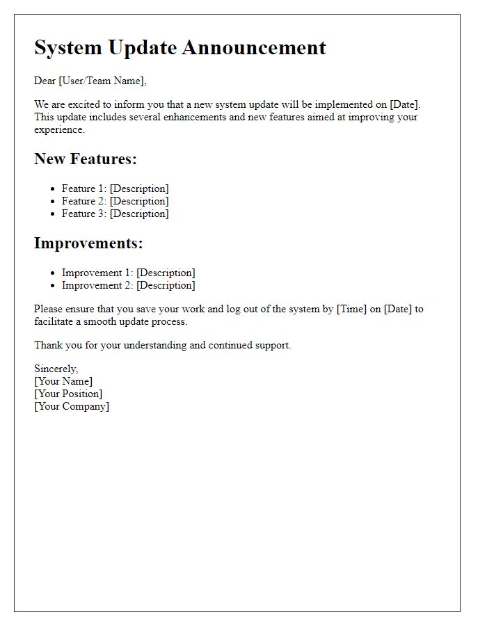 Letter template of system update and new features