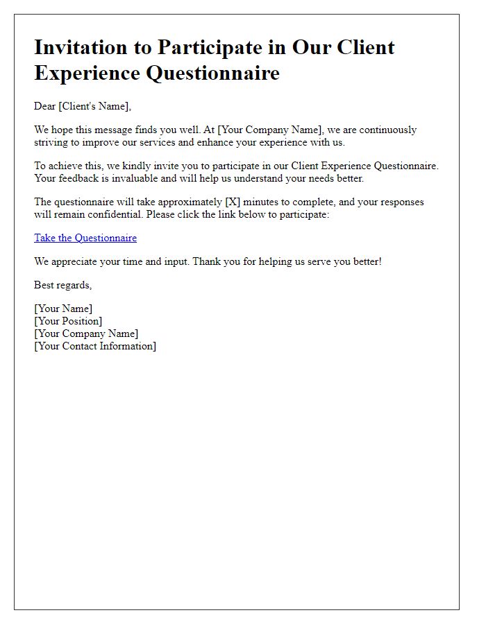 Letter template of client experience questionnaire invitation