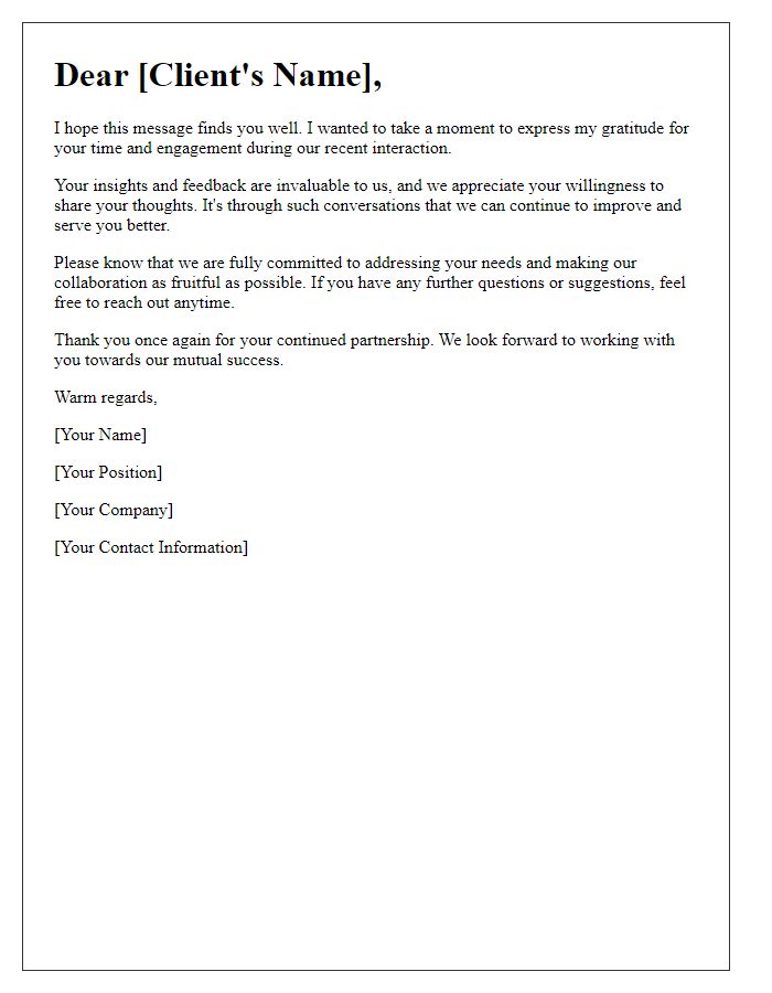 Letter template of feedback encouragement after client interaction