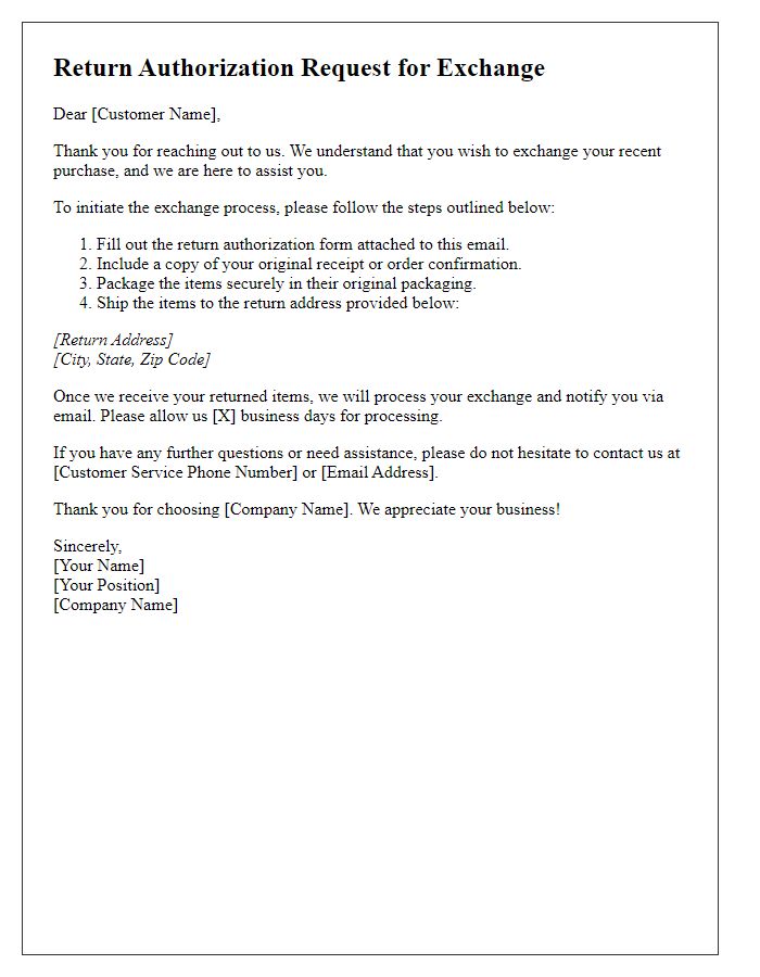 Letter template of return authorization communication for exchange request