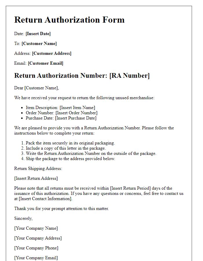 Letter template of return authorization form for unused merchandise