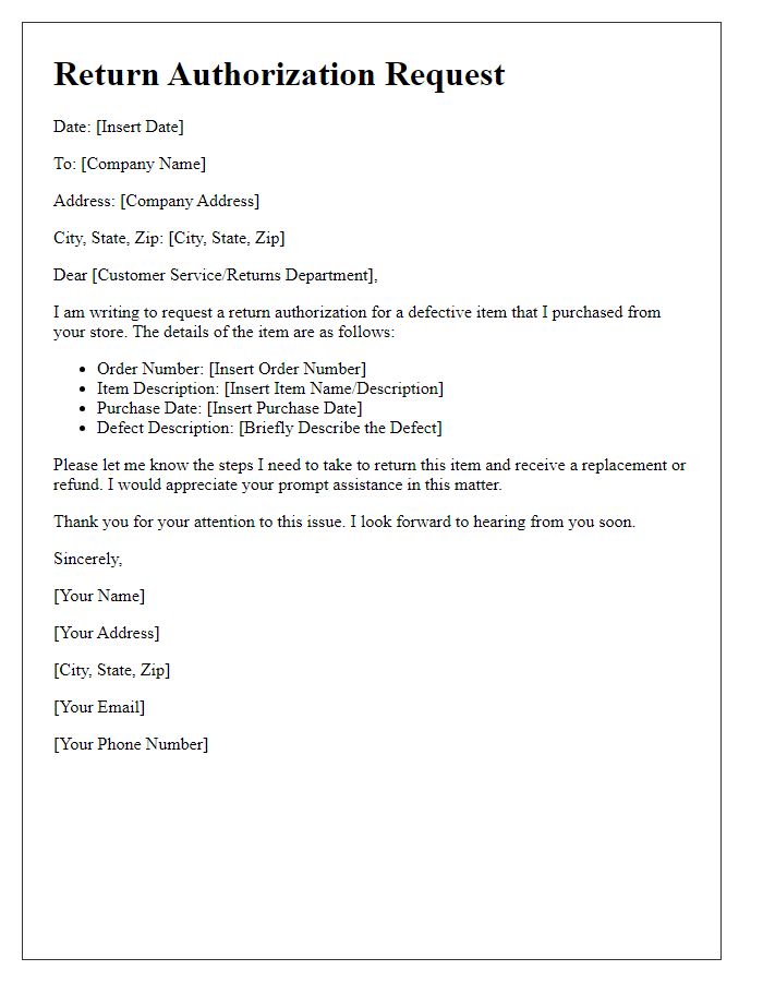 Letter template of return authorization request for defective item