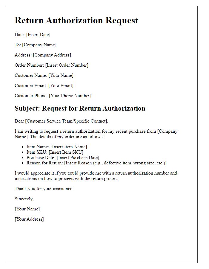 Letter template of return authorization submission for online purchase