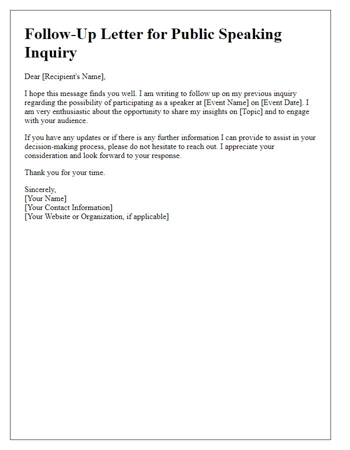 Letter template of follow-up for public speaking inquiry.