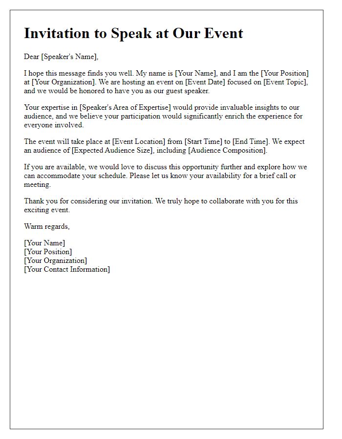 Letter template of outreach for public speaking invitation.