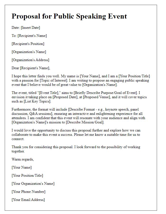 Letter template of proposal for a public speaking event.