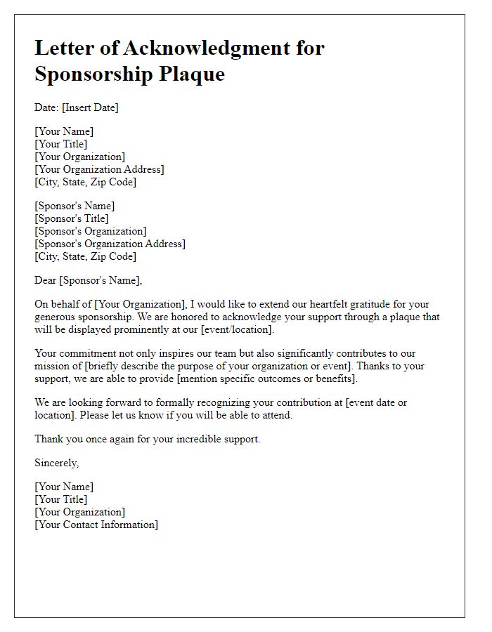 Letter template of acknowledgment for sponsorship plaque