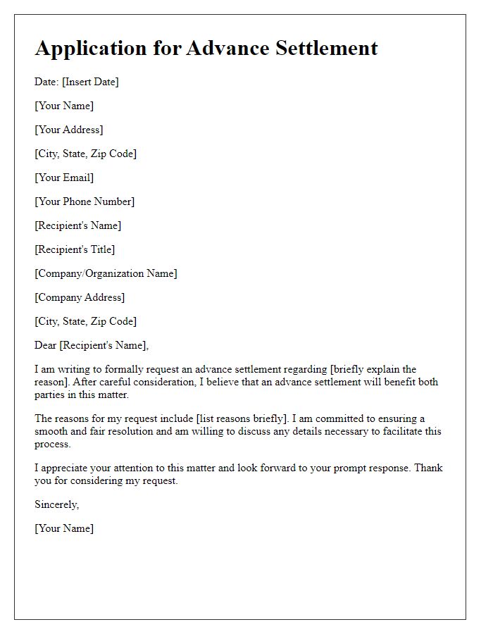 Letter template of application for advance settlement.