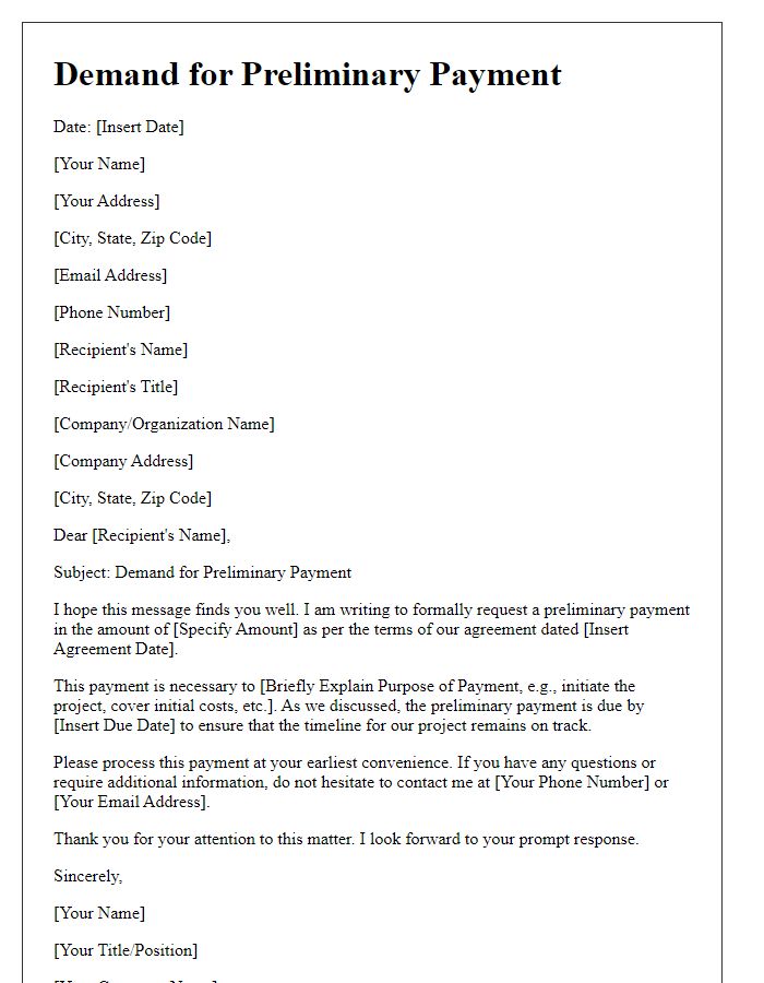 Letter template of demand for preliminary payment.