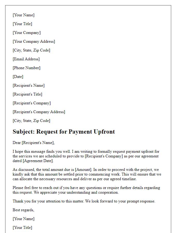 Letter template of formal request for payment upfront.