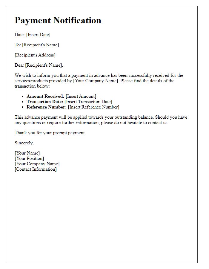 Letter template of notification for payment in advance.