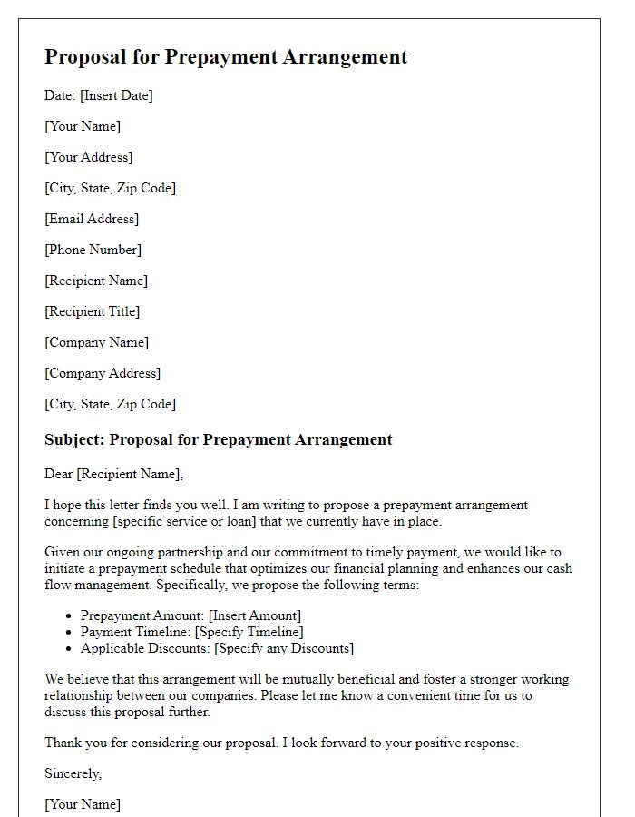 Letter template of proposal for prepayment arrangement.