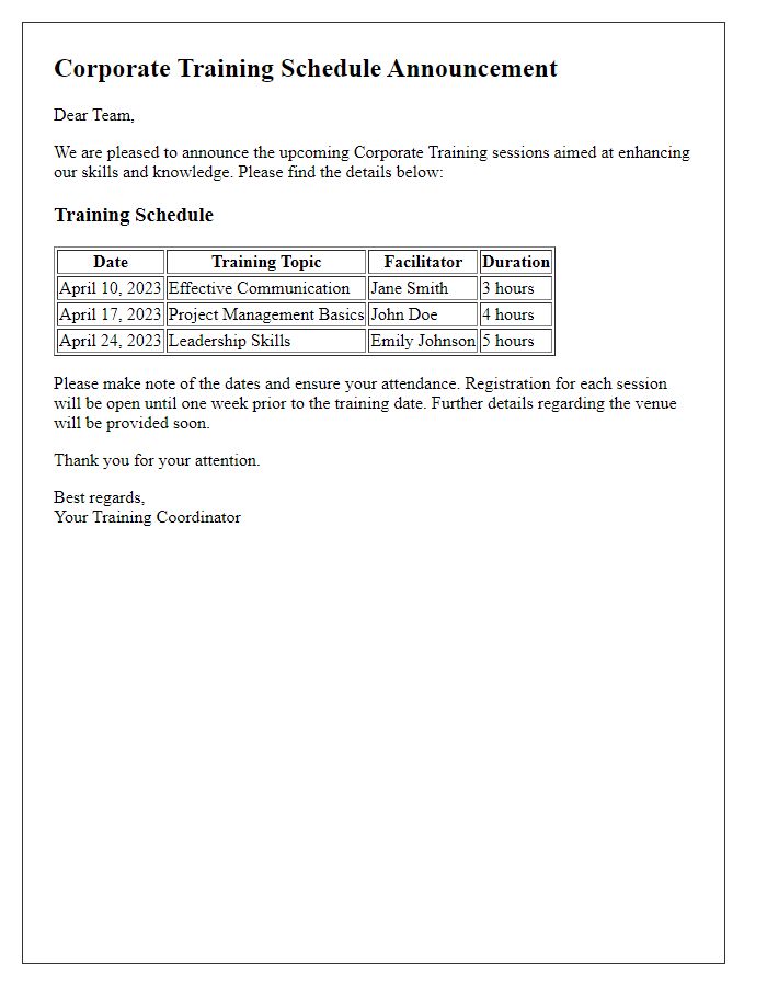 Letter template of corporate training schedule announcement