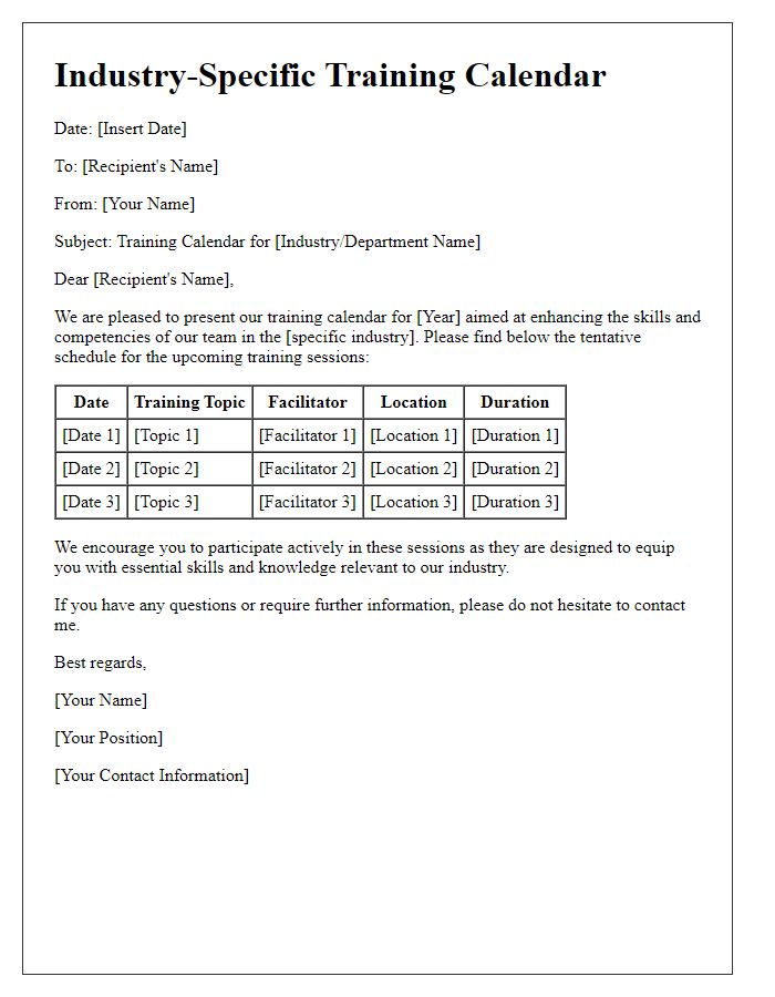 Letter template of industry-specific training calendar