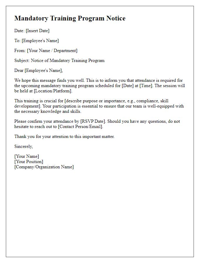 Letter template of mandatory training program notice