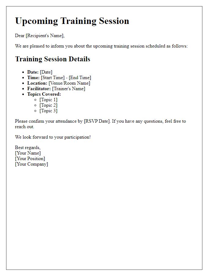 Letter template of upcoming training session details