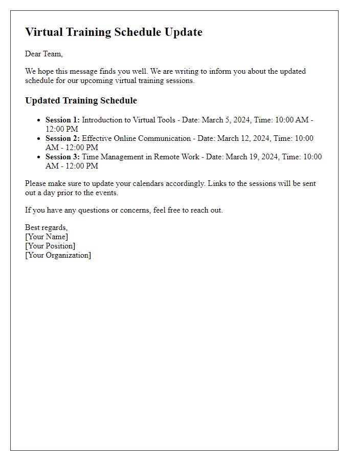 Letter template of virtual training schedule update